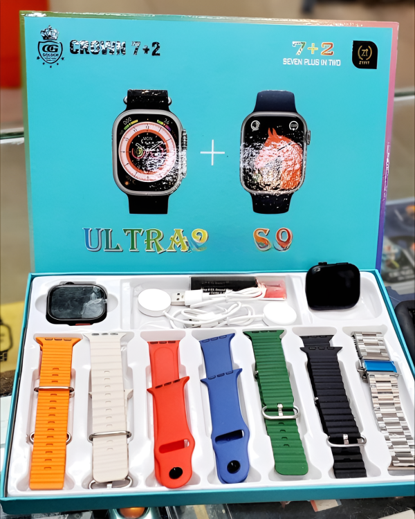 Crown 7+2 Couple Smart Watch | Ultra Watch 2.09” & S9 Watch 1.9” | Watch For Couples | 7 Straps & 2 Wireless Chargers | Bt Calling & Health Features (random Color)